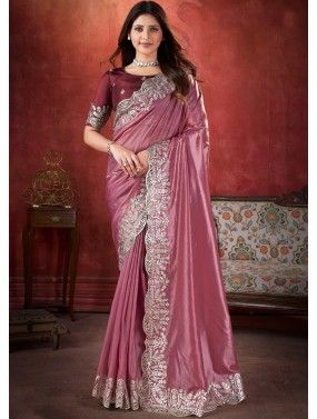 Rouge Pink Embroidered Saree With Blouse