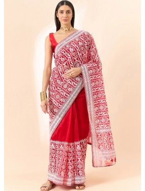 Red Organza  Saree In Cord Embroidery