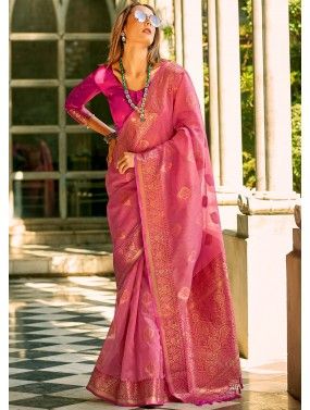 Pink Woven Work Saree In Tissue Silk