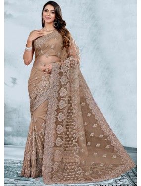 Brown Embroidered Saree In Net