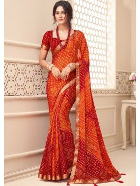 Red & Orange Bandhej Printed Saree In Chiffon