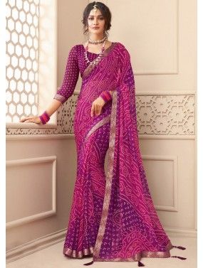 Purple Chiffon Saree In Bandhej Print