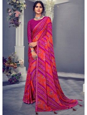 Multicolor Chiffon Bandhej Printed Saree 