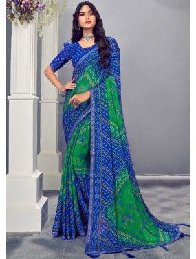 Blue & Green Bandhej Printed Saree In chiffon