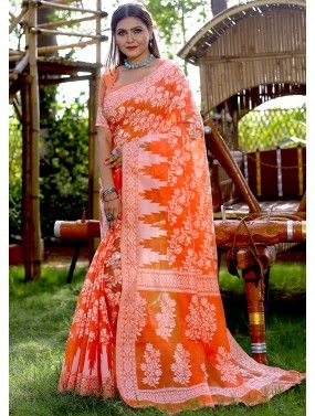 Orange Printed Saree In Cotton