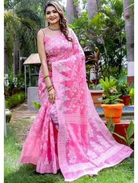 Pink Printed Saree In Cotton
