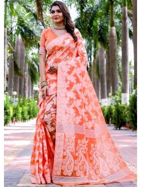 Orange Printed Saree In Cotton
