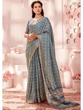 Stone Blue Printed Saree With Blouse