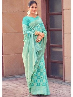 Turquoise Zari Woven Linen Saree