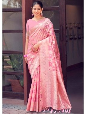 Pink Woven Work Linen Saree