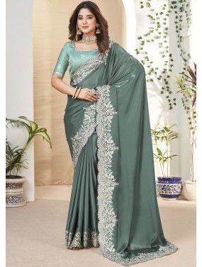 Sage Green Embroidered Saree With Blouse