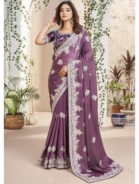 Mauve Purple Embroidered Saree With Blouse