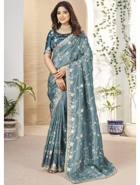 Teal Blue Embroidered Saree In Silk