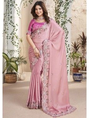 Pink Silk Saree With Embroidered Border