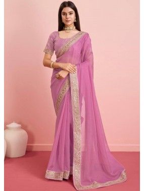 Pink Embroidered Border Saree & Blouse