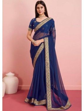 Navy Blue Saree With Embroidered Blouse