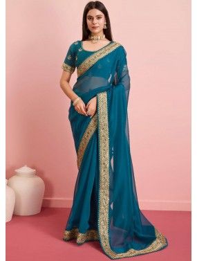 Teal Blue Saree With Embroidered Blouse