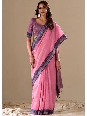 Pink Woven Work Saree In Cotton
