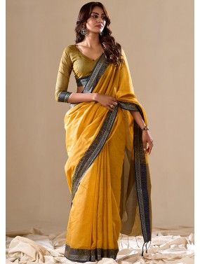 Yellow Cotton Saree In Woven Work