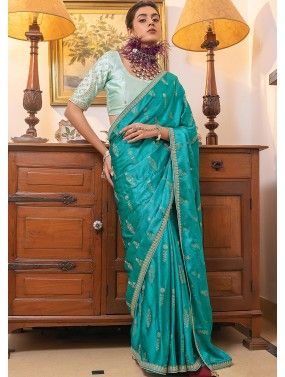 Turquoise Satin Saree & Blouse