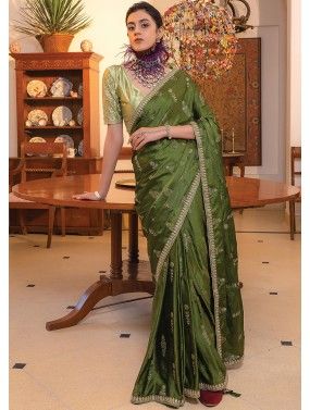 Green Satin Silk Saree  Blouse