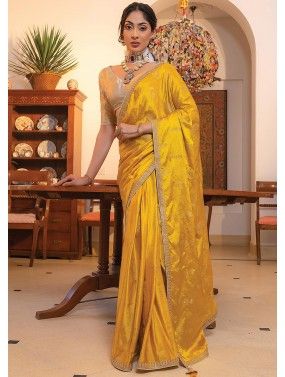 Yellow Woven Work Satin Saree