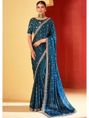 Blue Bandhej Printed Saree In Chiffon