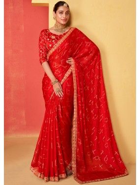 Red Bandhej Printed Saree In Chiffon