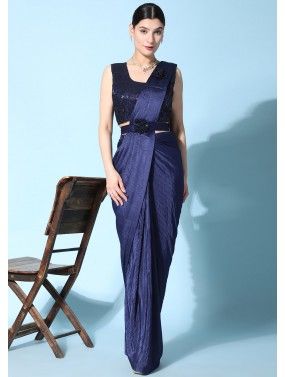 Blue Readymade Lycra Pleated Style Saree
