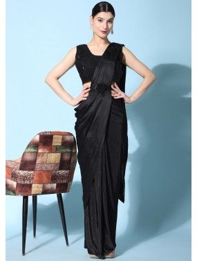 Black Readymade Lycra Saree In Pleated Style