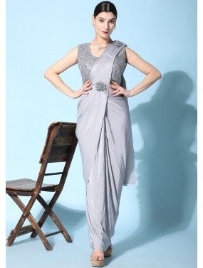 Grey Readymade Pleated Style Saree & Blouse