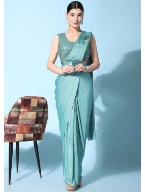 Seafoam Green Readymade Pleated Style Saree In Lycra