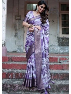 Purple Art Silk Saree In Print