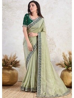 Green Embellished Tissue Saree & Blouse