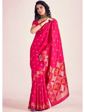 Hot Pink Zari Woven Saree & Blouse