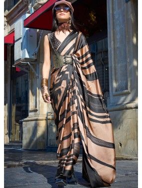 Brown & Black Stripes Printed Saree
