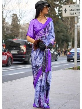 Blue & Purple Printed Saree In Crape