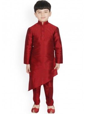 Red Dupion Silk Asymmetric Kids Kurta Pant Set