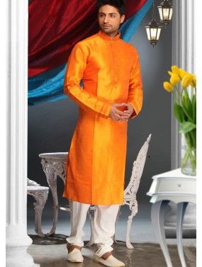 Readymade Orange Art Silk Kurta Pyjama