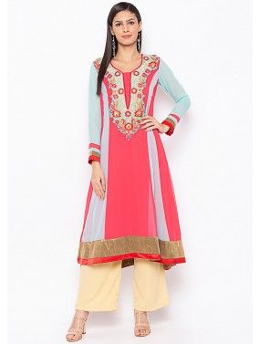 Peach And Blue Readymade Embroidered Kurti