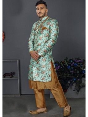 Turquoise Silk Readymade Sherwani With Kurta Pyjama
