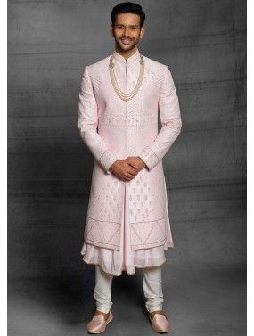 Pink Embroidered Anarkali Style Sherwani In Silk