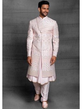Pink Embroidered Silk Anarkali Style Sherwani
