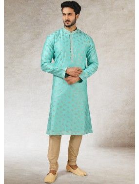 Readymade Printed Art Silk Kurta Pajama In Turquoise
