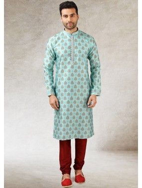 Readymade Turquoise Kurta Pajama In Straight Cut