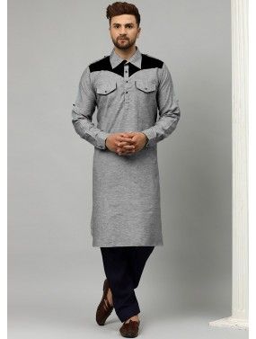 Readymade Grey Plain Pathani Suit In Satin