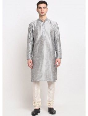 Readymade Silver Color Dupion Silk Kurta Pajama