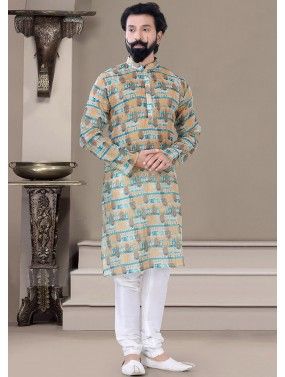 Multicolored Printed Kurta Pajama Set In Jacquard