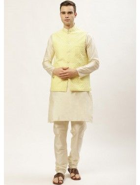 Yellow Dupion Silk Nehru Jacket With Kurta Pajama