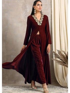 Maroon Embroidered Long Tunic & Pant In Velvet